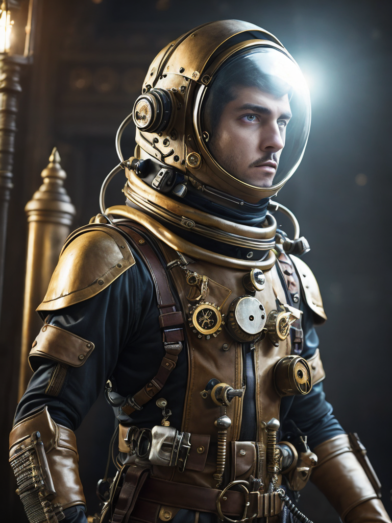 A steampunk astronaut wearing a Victorian-inspired spacesuit with brass gears and leather straps, Dramatic Lighting, Depth of field, Incredibly high detailed