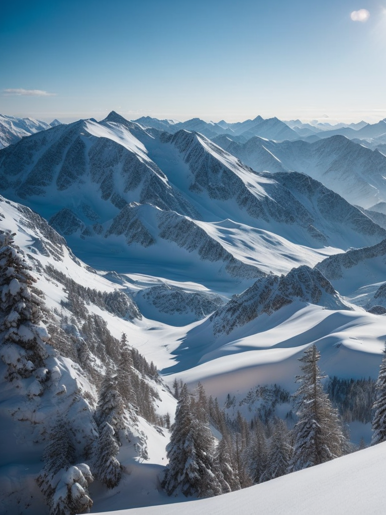 Breathtaking view of a snowy mountain range, with crisp clear air and a brilliant blue sky, serene, peaceful, majestic, high detail, winter landscape