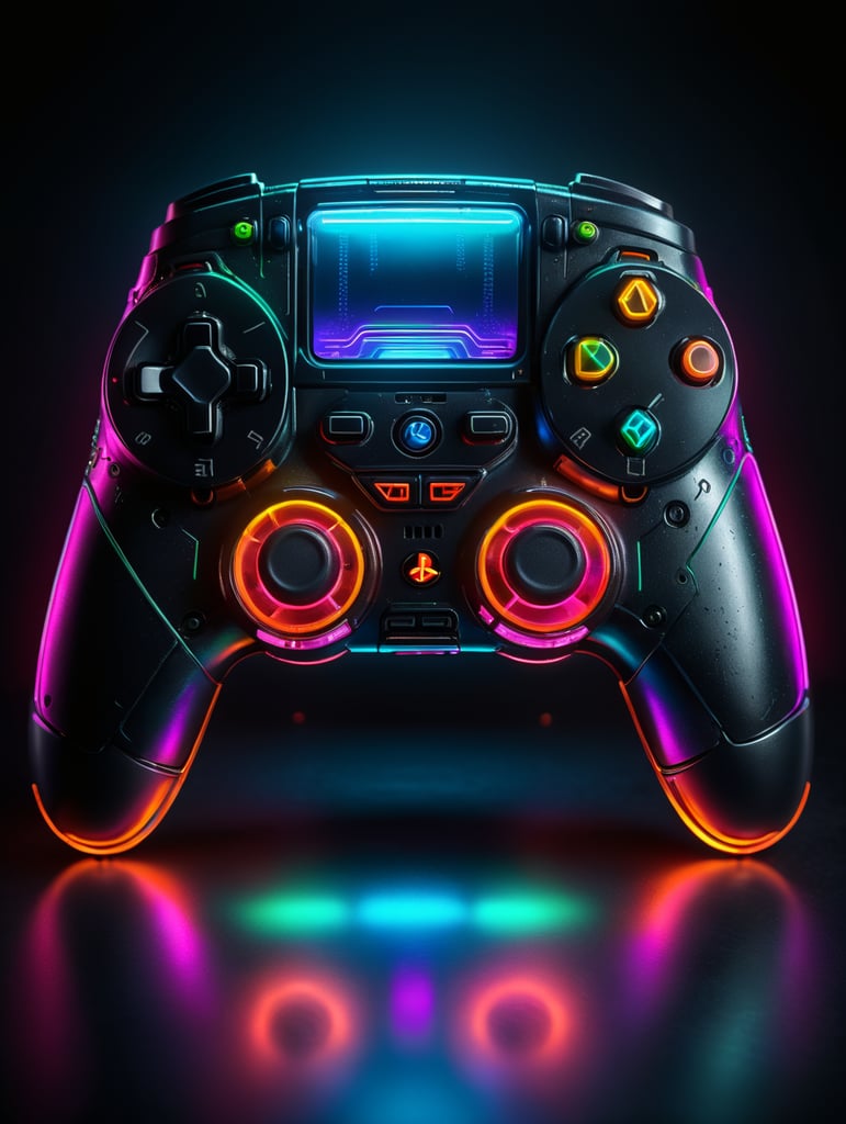 Design a futuristic, neon-colored gaming controller in the style of a playstation controller, glowing neon, semitransparent, deep vibrant colors, high details