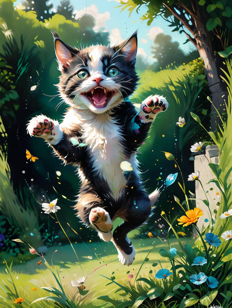 Side view of Small black and white kitten, jumping in surprise, on a lawn in a small English garden