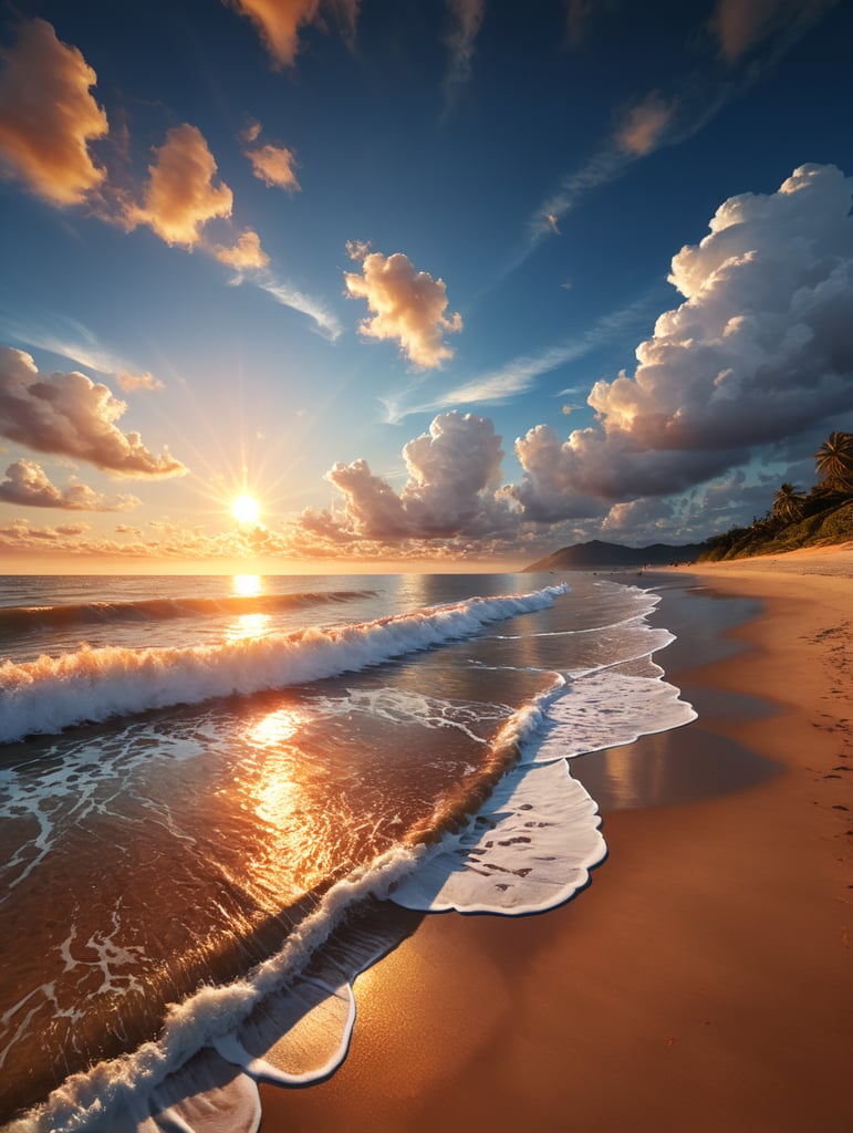 Um céu azul claro com nuvens brancas e fofas. O sol está se pondo no horizonte, deixando um rastro de luzes avermelhadas e douradas. O mar está calmo, com ondas suaves quebrando na areia.