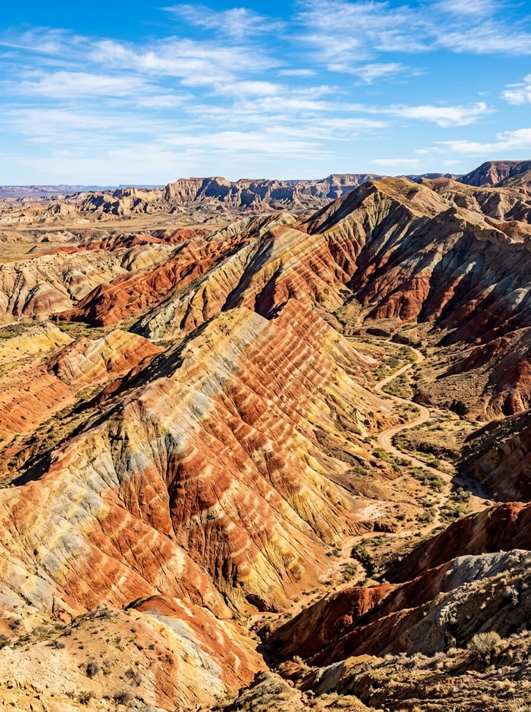 vibrant rolling badlands, striking geological strata, diagonal ridges of deep red, rusty orange, yellow and pale gray earth, eroded gullies, strong sunlight, sharp shadows