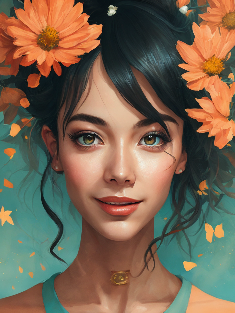 closeup portrait of a cute 1girl, fun mood, smiles, flowers around, flares