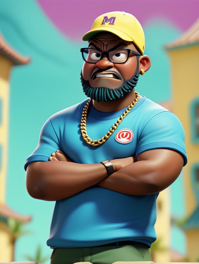 a simple Logo art of A furious, angry furious black crazy fat man ,box braids and cap, sunglasses ,gang member, gangsta 1990's, arms crossed , Loose clothes, royal bandana in your face and baseball jersey , Golden chain ,ultra realistic, intricate details , real colors , 8k , uhd, comic, gta san andreas style , A hood ghetto behind the central image rounded bandana background , Dragon Ball Z style vaporwave