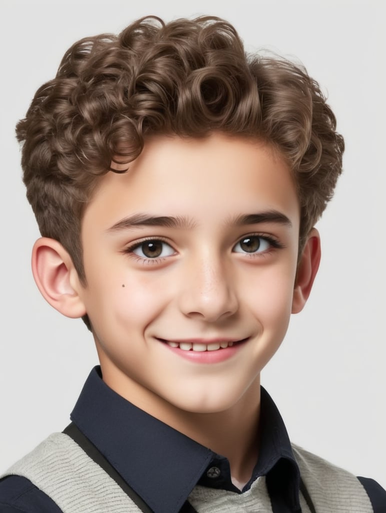 Make a teenager with a sharp nose, curly short hair, and braces and sharp eyes.