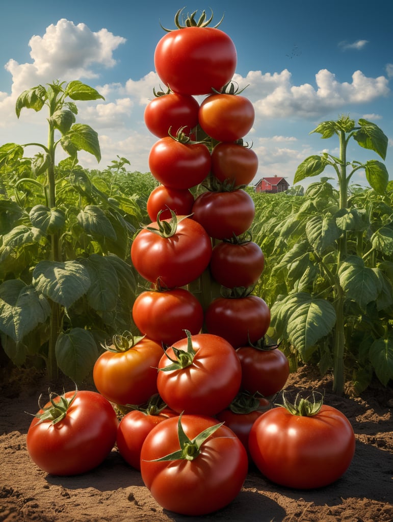 several red tomatoes stacked together forming a ketchup bottle with some leaves around it, beautiful tomato plantation in the background and a blue sky, short grass and yellow flower, creamy light, ambient lighting, beautiful colors