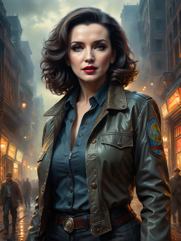 waist-length portrait of Marilyn vos savant, mysterious atmosphere, muted colors, contrasting light, long dark hair, wearing a jacket