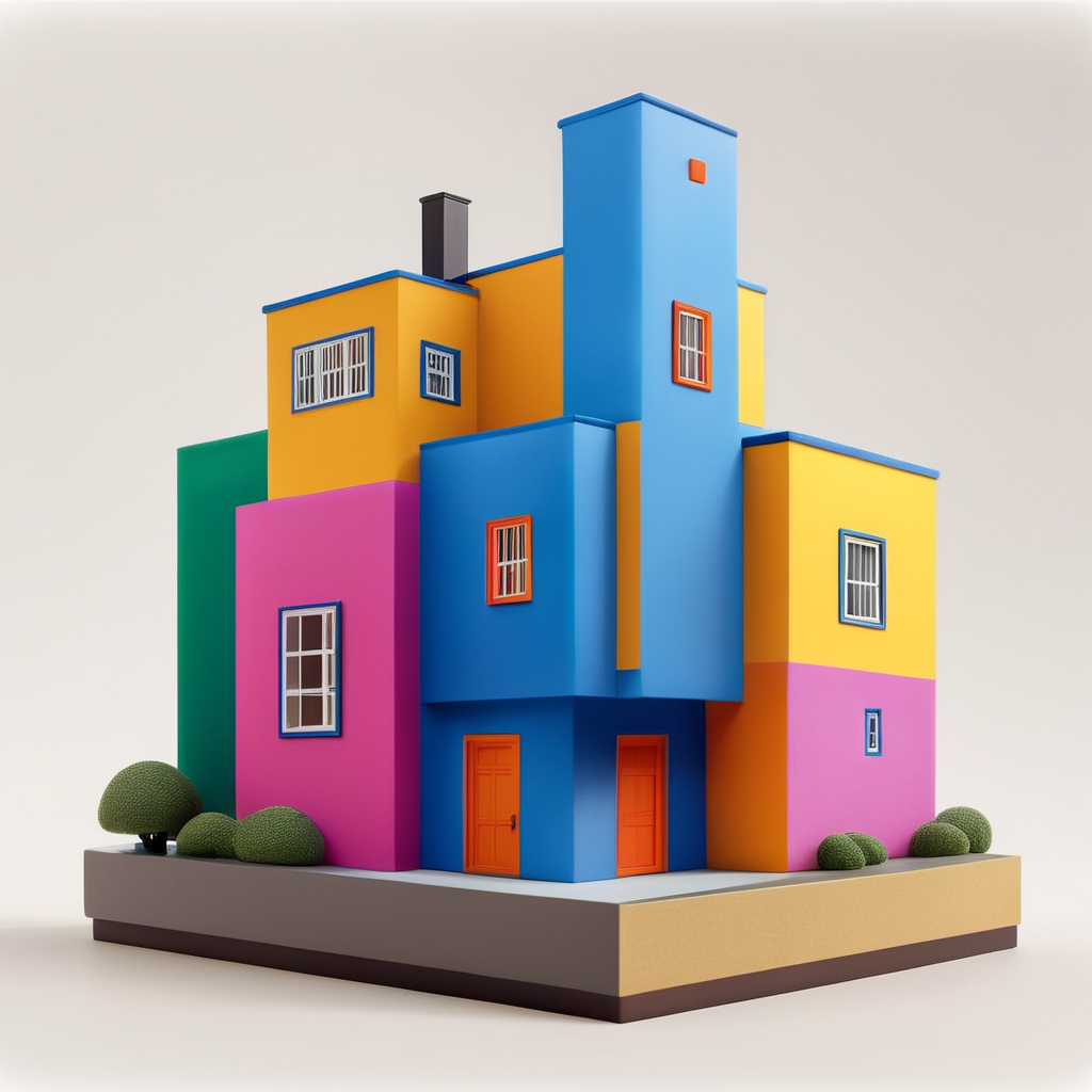 Vinil toy para Niño de 5 años xd una casa inspirada en la arquitectura de Luis Barragán y las pinturas de Escher con colores vibrantes colocado como si fuera una obra de arte contemporáneo. Encapsulado en resina.