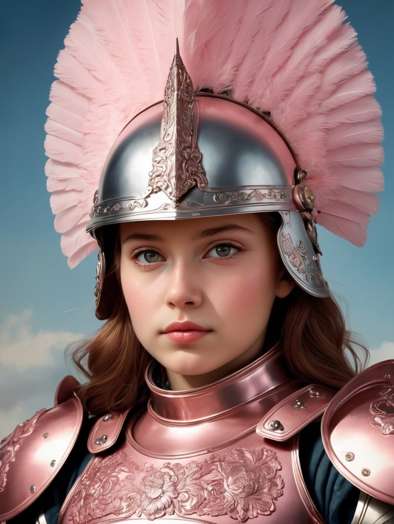 France in the image of a girl dressed in her armor, in the style of photorealistic portraits, pink, dreamy portraits, German art, combines Mexican and American cultures, cinematic elegance, the artist-appropriator.