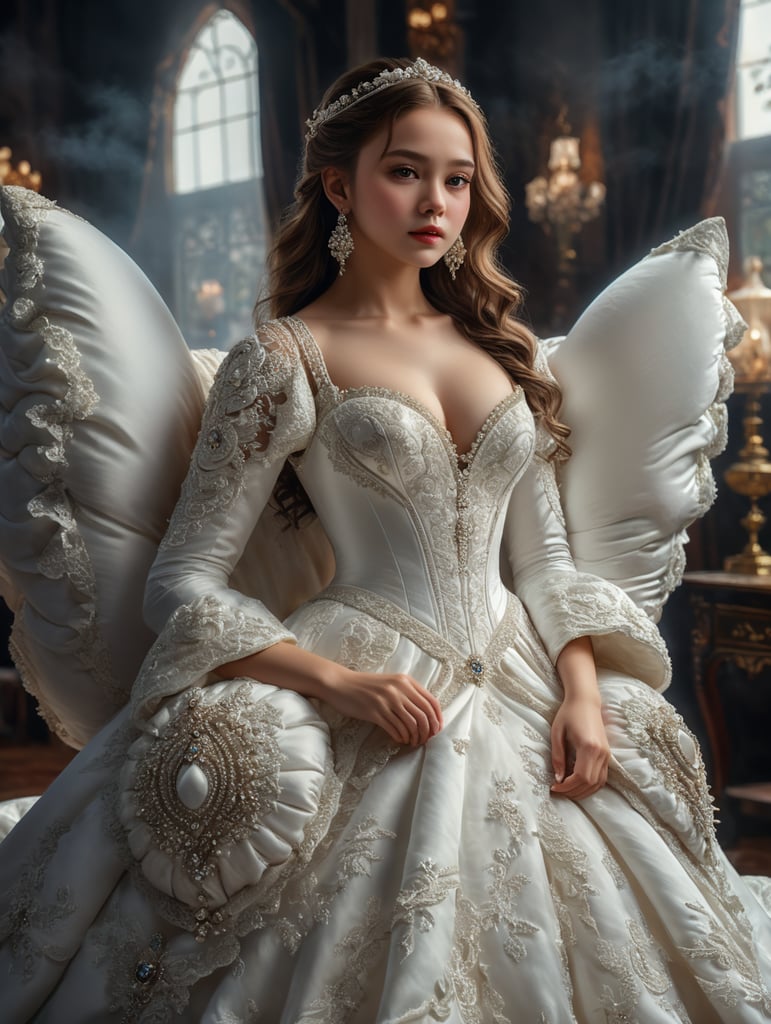 girl dressed in a huge white dress made of pillows