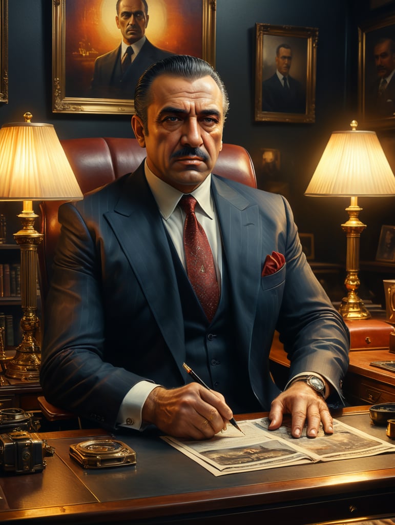 beautiful oil matte portrait painting, mafia boss at his 50s new york office desk, wonderful masterpiece highly detailed, beautiful cinematic light deep focus, elegant, digital painting, smooth, sharp focus, golden ratio, dramatic illumination, ultra realistic, 8k,