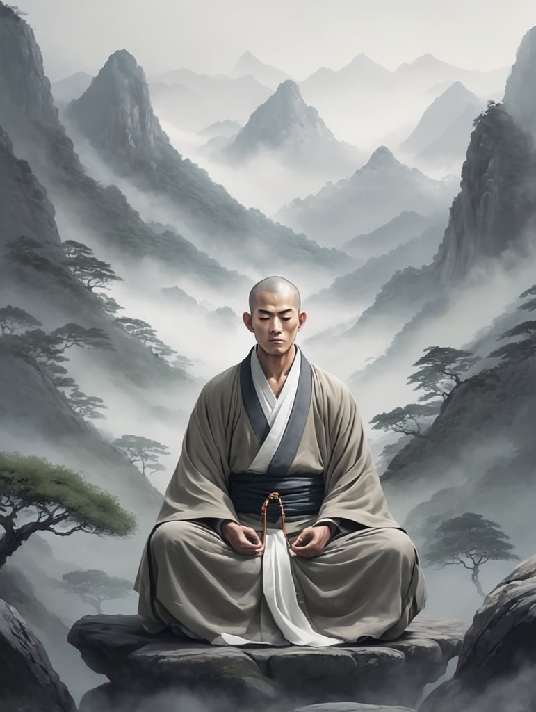 Anime Monk meditating in mountains