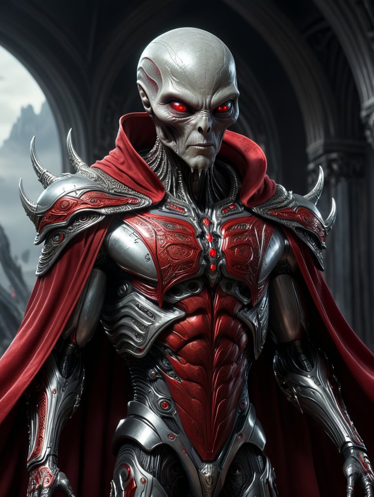 A sleek alien, silver body, red cape, a wisdom seeking killing machine
