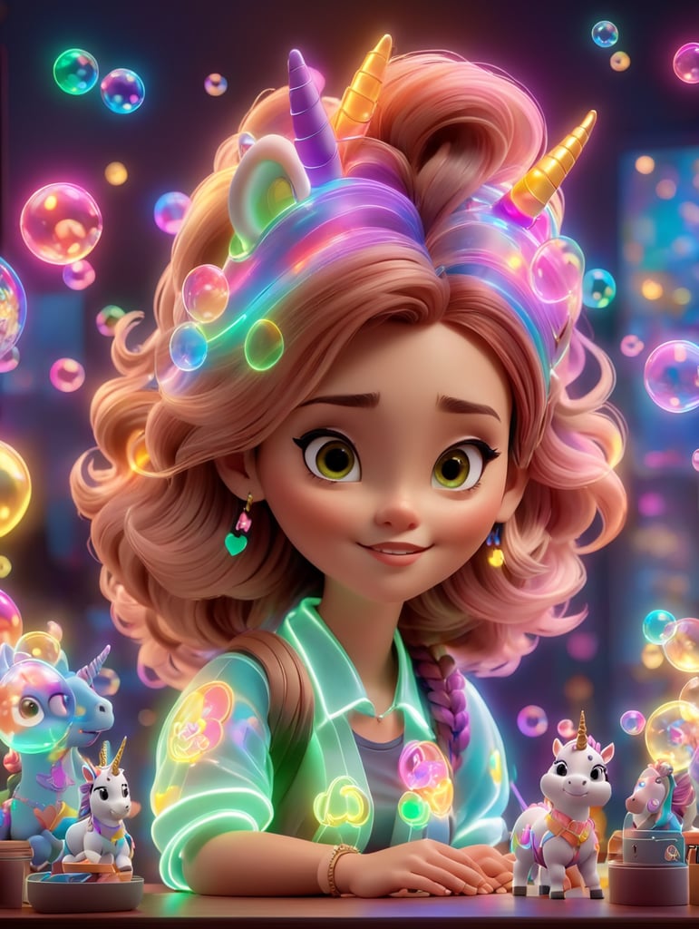 young woman, creative, cool, in a desktop, with neon lights, eCommerce, pixar style, unicorns, bubbles, fans, love