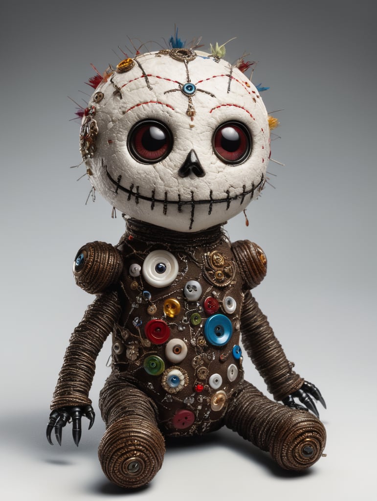 white background voodoo doll basic pins eye buttons stitched