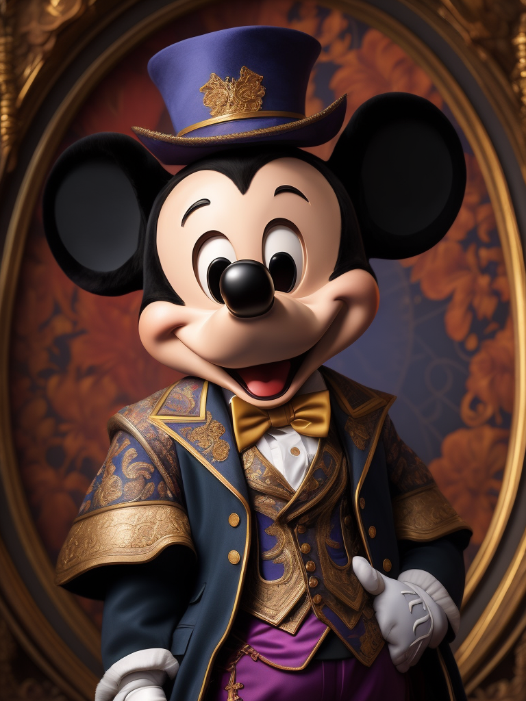 Portrait of Mickey Mouse in rococo dress. psychedelic, trippy, extremely detailed vibrant, cinematic lights, hyper realistic, hyper detailed, Sony Alpha α7, photorealistic