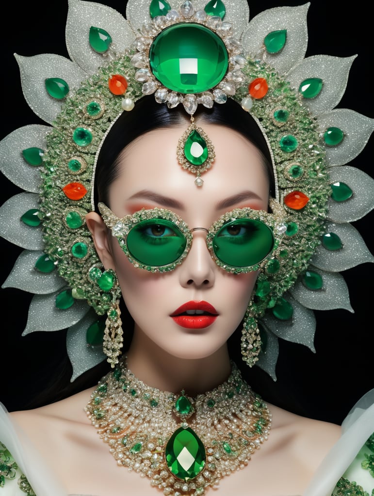 retrofuturism, retro future, 1970, green vampire dracula, insane bizzare eyeglasses, bright, colorful rgb, dream world, Alexander McQueen Glazier demonic boy, monster face, vampire, horrific, arty pose, fashion, massive huge jewelry, precious gems, massive pearls, giant white diamonds, retrofuturistic, crystal, marble, glass, floral, massive big flowers, gem flowers, hyper neon glow, dark, moody, diaphanous layered ultra haute couture, high definition, high resolution, bold vibrant colors , volumetric lighting, 8k, 3d rende, style by dior, style by channel, by Jimmy Marble and Takashi Murakami
