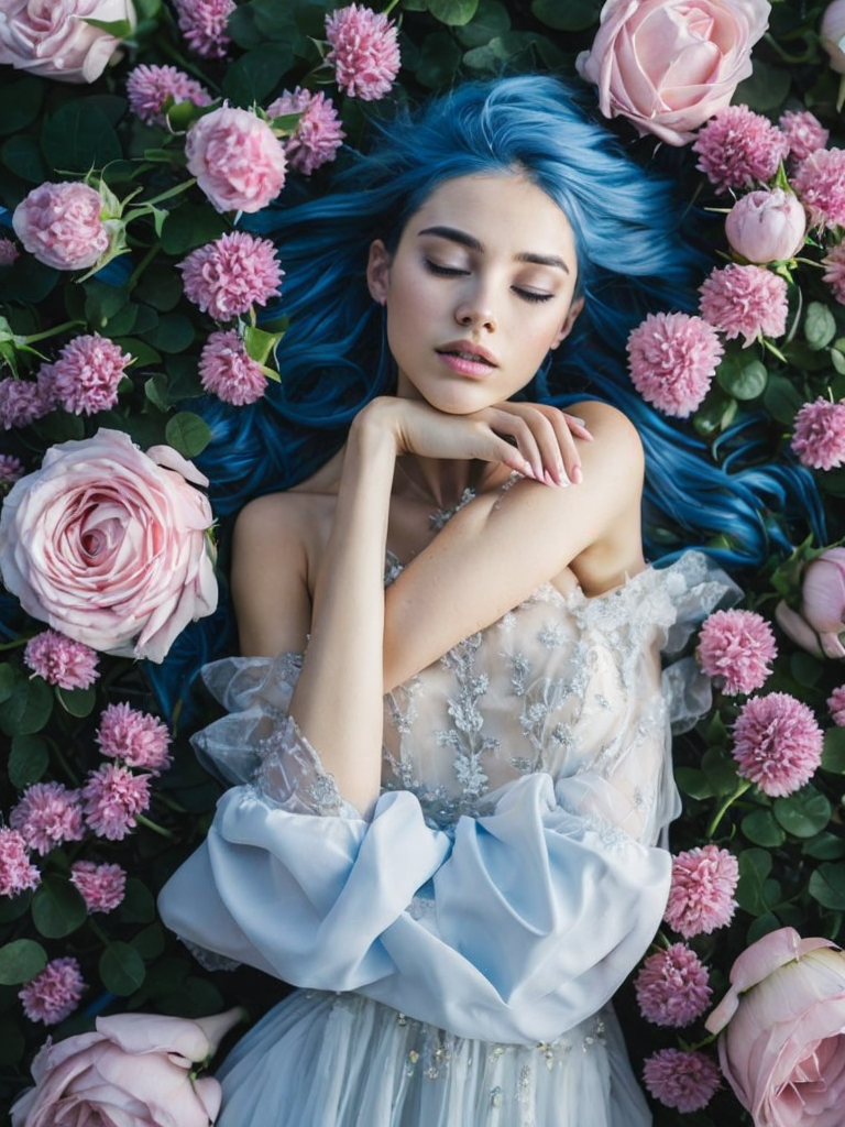 Desktop HD wallpaper: Flower, Rose, Dress, Model, Women, Blue Eyes, Blue Hair, Long Hair, Lying Down free download background picture,Human laying in flowers, top view, cinematic, dark light, beautiful colors, detailled, 4k