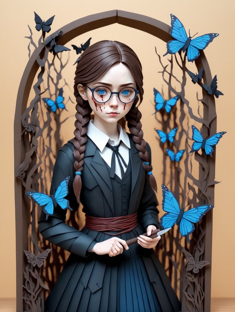 Anime, Brown hair long braided, blue eyes, glasses, holding knife, blood stained black clothes, 1girl, white skin, noose, graveyard, blue butterflies, creepy