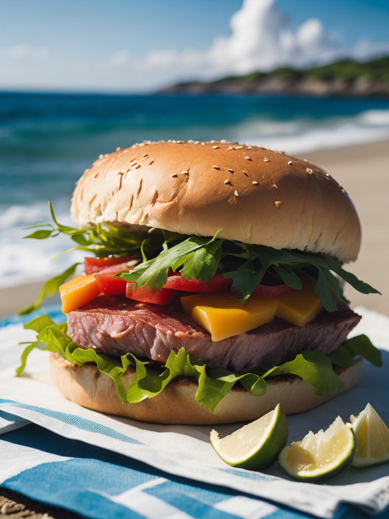 A mouthwatering tuna fish sandwich at a sunny beach picnic, the sandwich features perfectly seared tuna steak, topped with tangy pickles, arugula, and avocado slices, the scene is set on a checkered beach towel with sea waves gently crashing in the background, creating a serene coastal atmosphere, Artwork, watercolor painting, --ar 9:16 --v 5