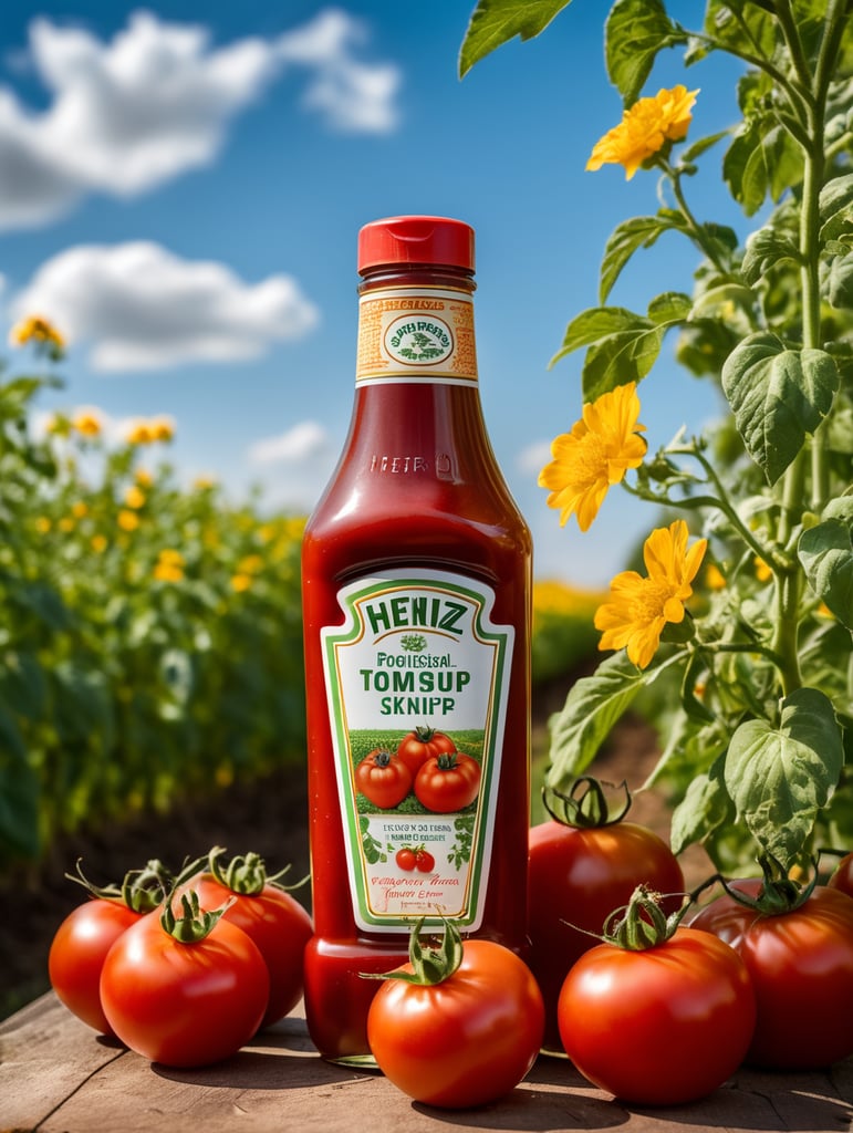 several red tomatoes stacked together forming a Heinz ketchup bottle with some leaves around it, beautiful tomato plantation in the background and a blue sky, short grass and yellow flower + yellow flowers + creamy light + ambient lighting + very beautiful colors