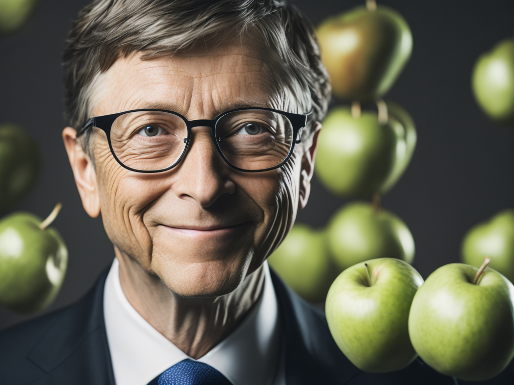 Bill Gates juggling green apples, bright and saturated colors, highly detailed, sharp focus, Dramatic Lighting, cyber-punk style