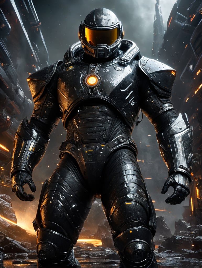 Space Viking, modern space suit style, bigger body size, black portal with with energy ligth, noeon suit, cyber punk, darken, meteorite, spaceship, meteorite rain, energy blast