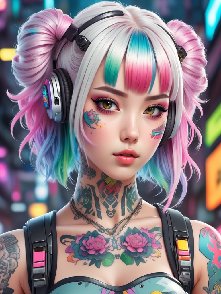 a cute anime girl with tattoo on face ,white skin ,colorful hair and she on Cyberpunk style (4K)