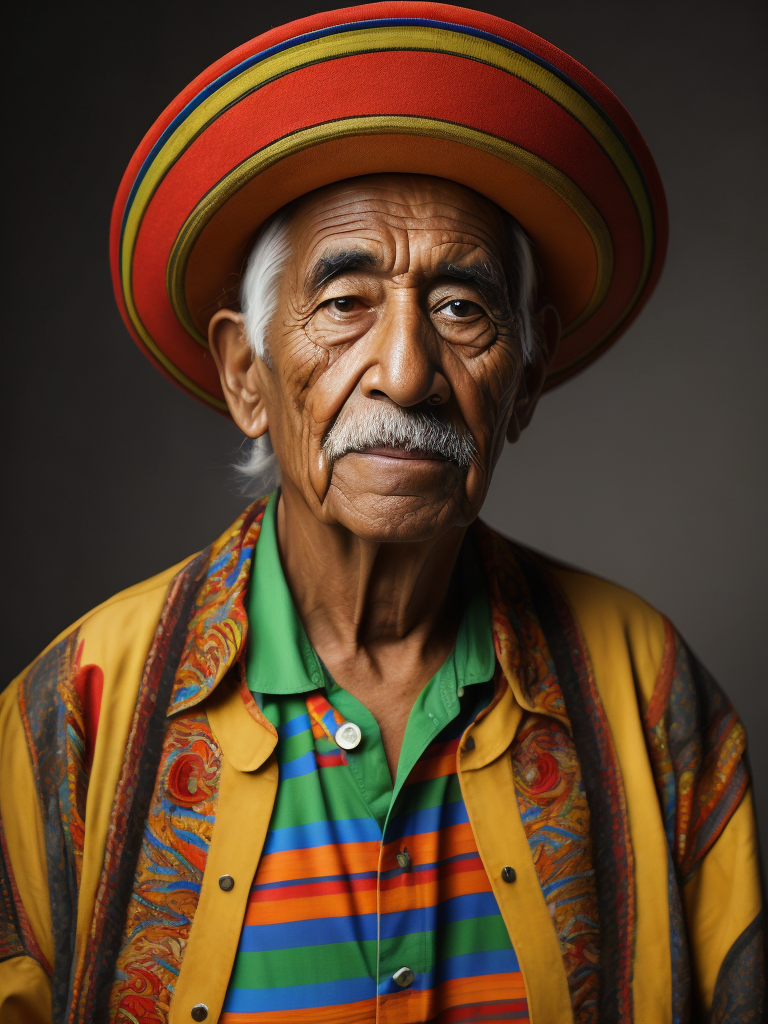 Portrait of a wrinkled colorful Mexican in a sambrero, an healthy man, a multi-colored shirt, a criminal, a bad face