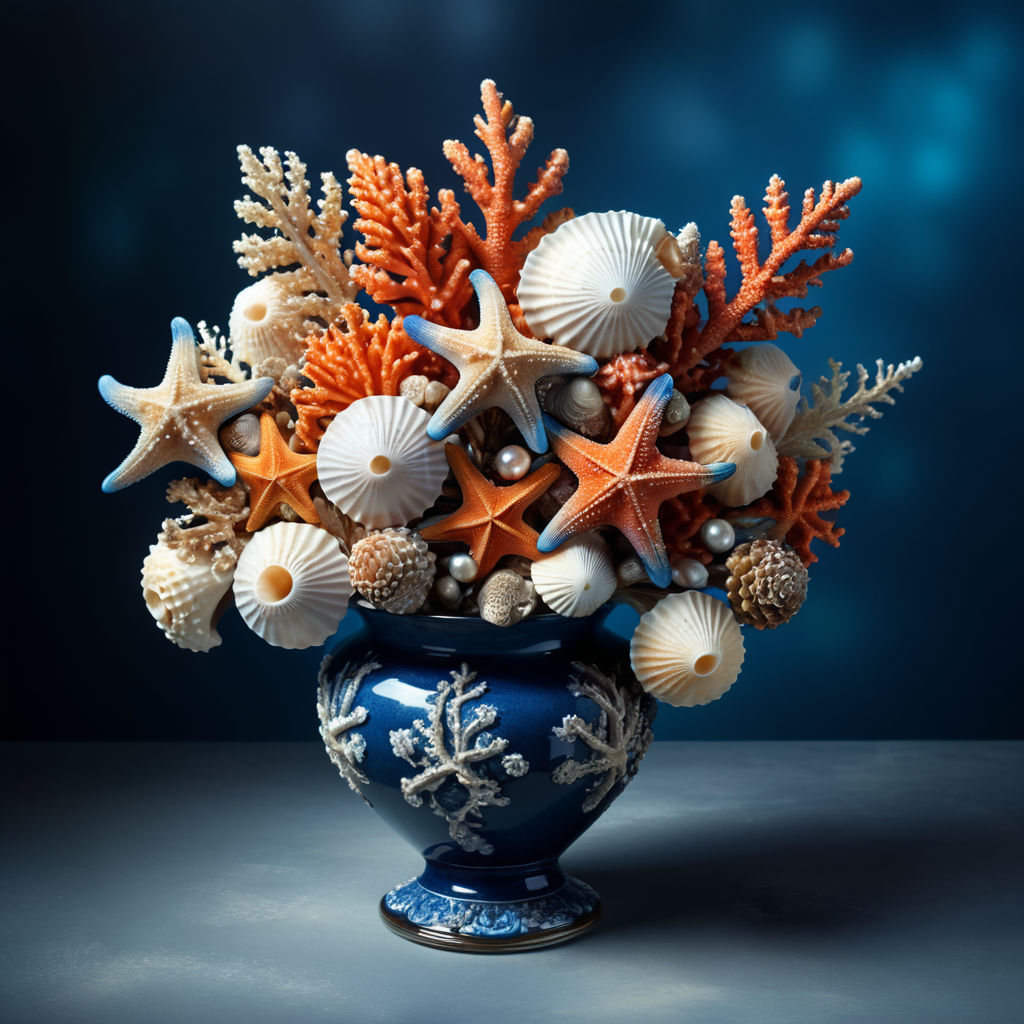 a beautiful bouquet of sea corals starfish pearl shells high Detail Image background dark blue in a vase