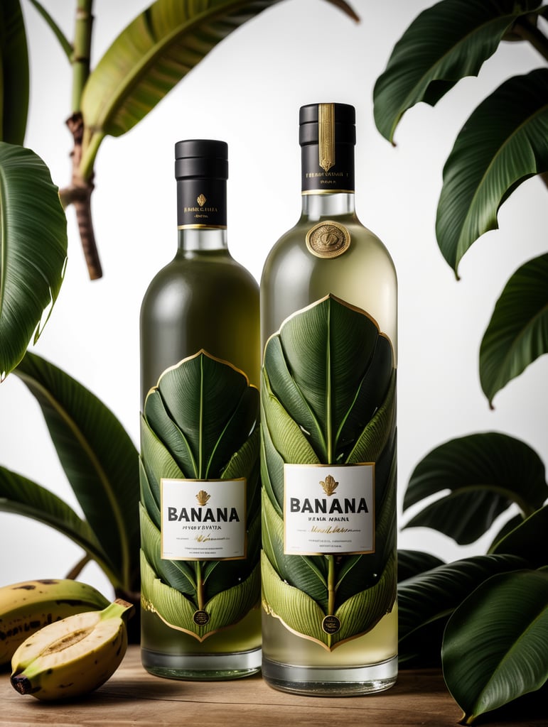 Packaging and branding for a banana vodka brand as if it had been designed by HI ESTUDIO with In a set design with banana, and banana leaves.