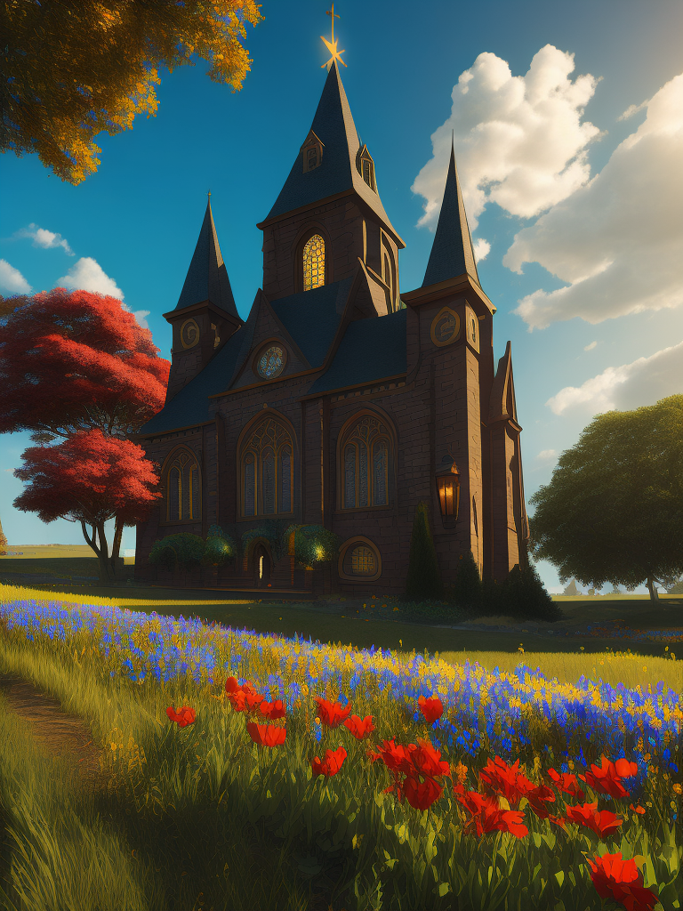 A church on a hill with 2 trees, many flowers, a beautiful sunny day with the prettiest blue sky and clouds that we hardly see in the sky.