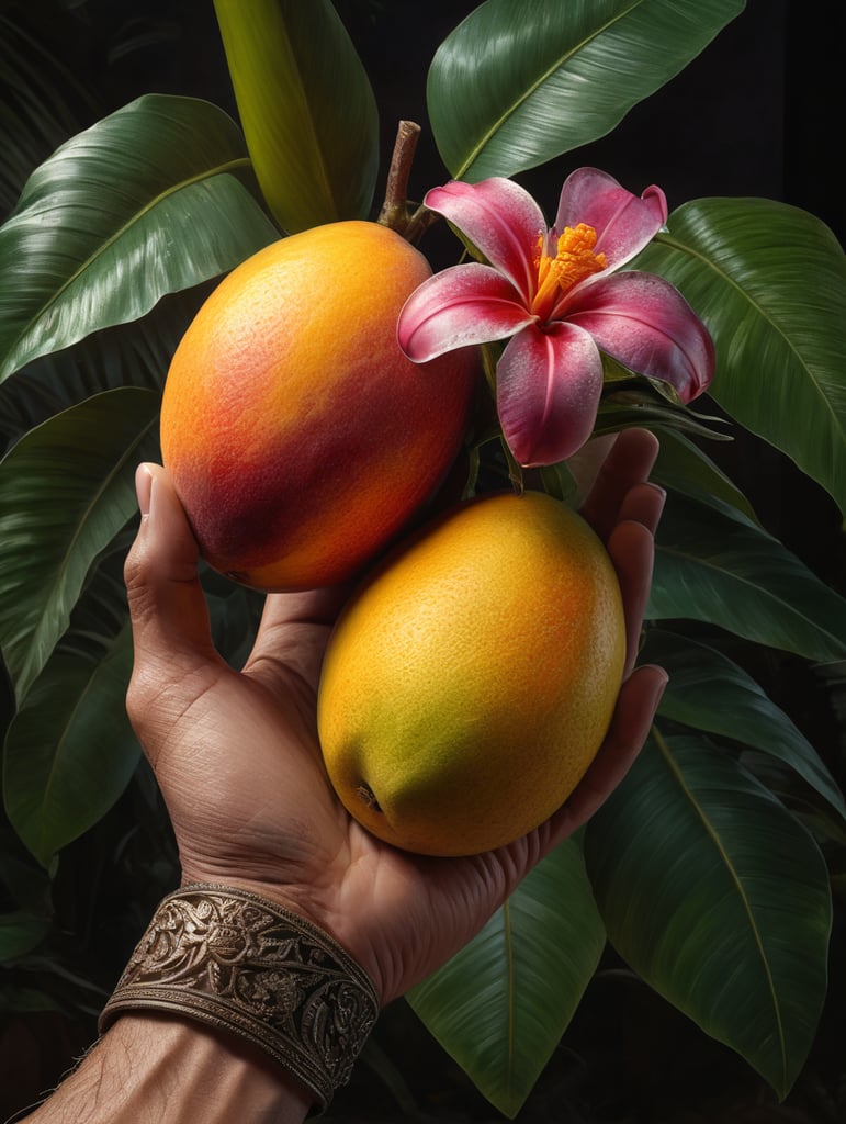 a hand holds a mango with a tropical flowers