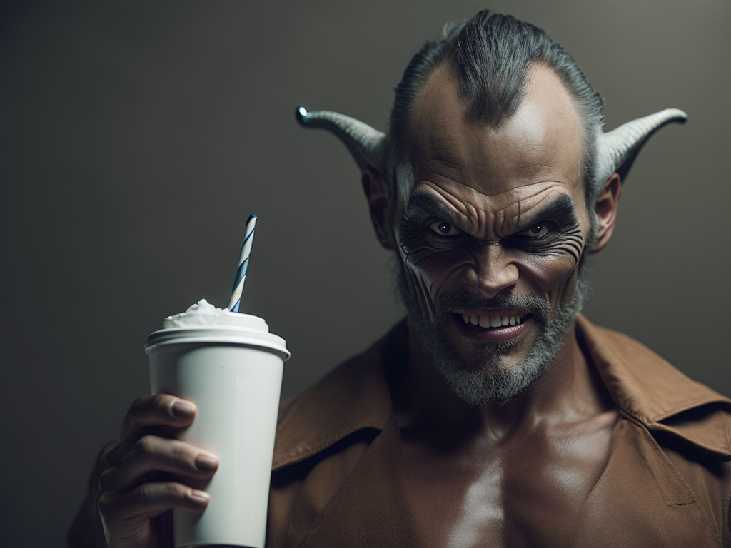 un diablo con rostro humano, fuerte e imponente tomando una malteada de vainilla