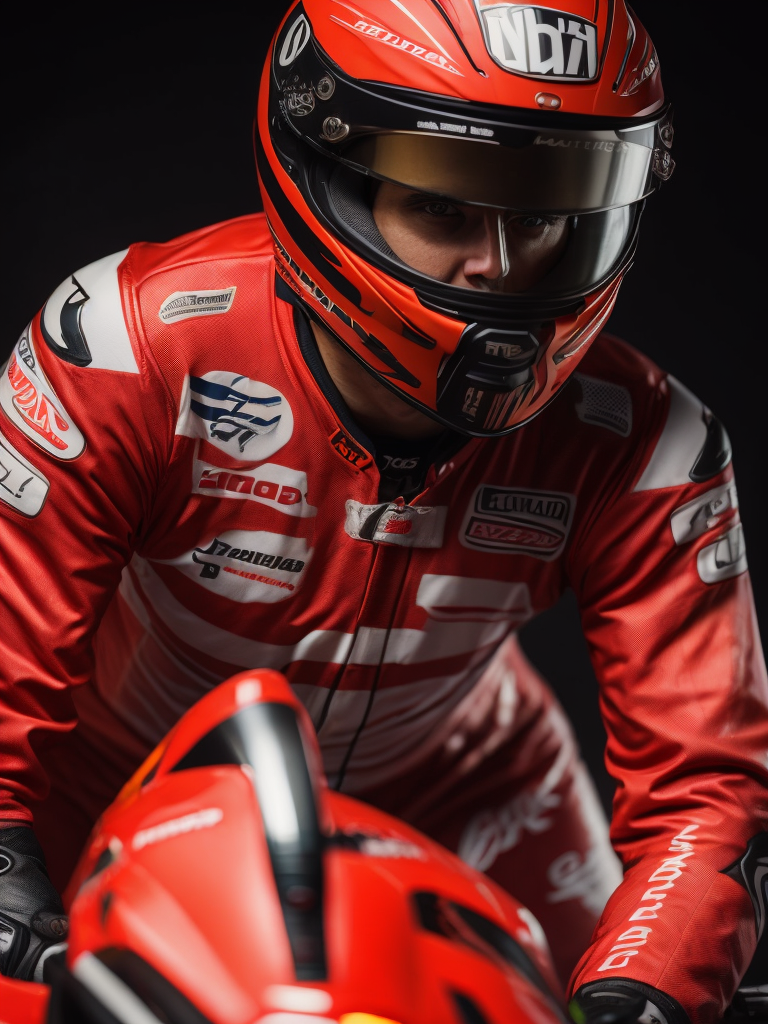 portrait of motogp racer on a bike, red colors, on the background of the race track