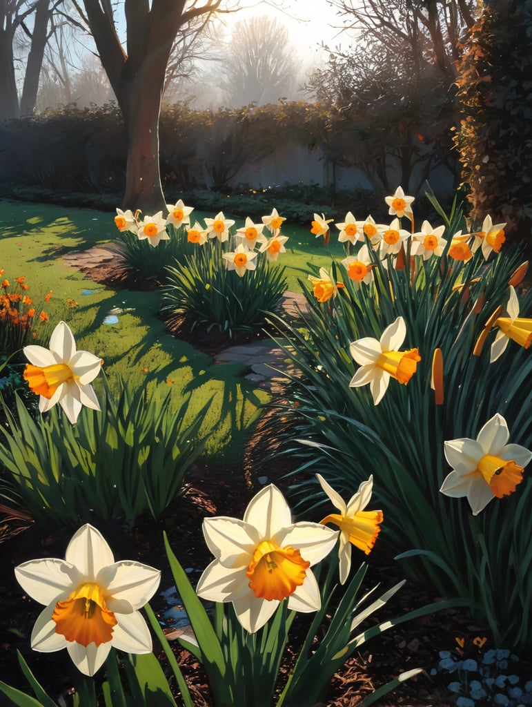 Daffodils in a flower bed, in a garden in spring, pale sunshine and dew on the grass.