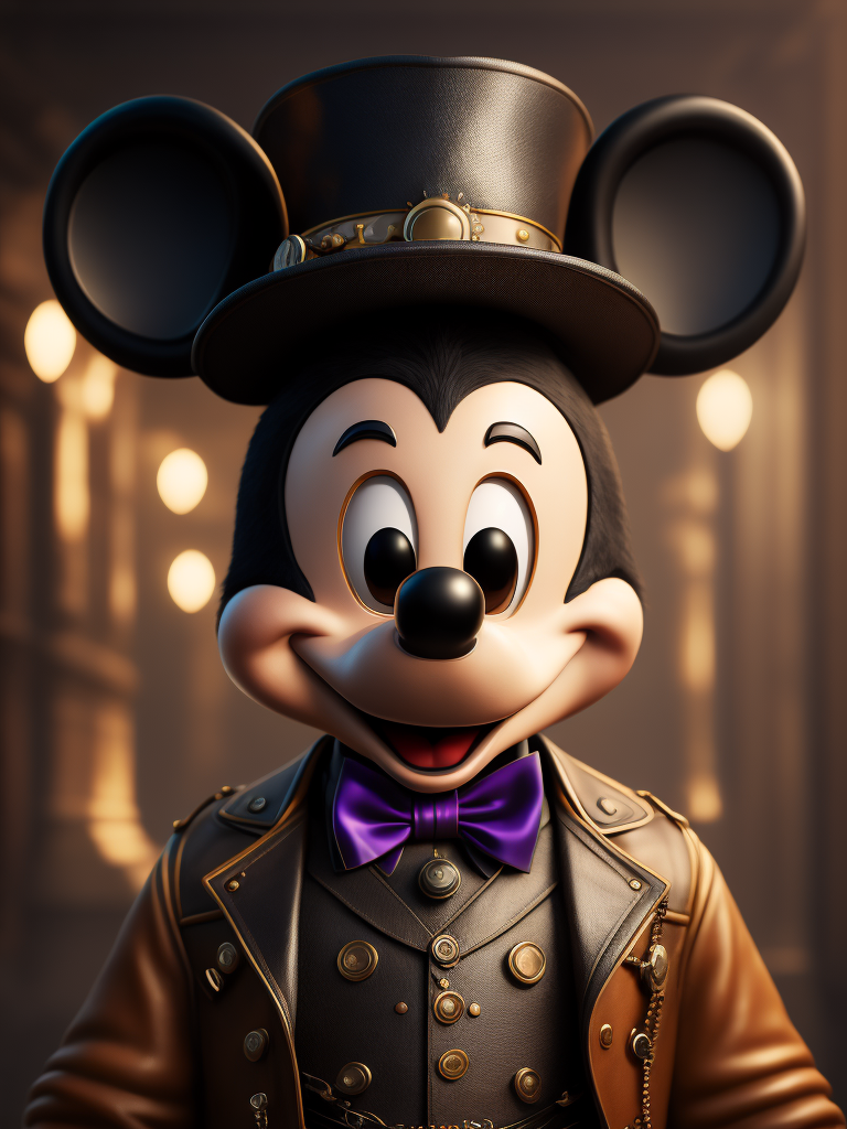 Portrait of Mickey Mouse in steampunk style, extremely detailed vibrant, cinematic lights, hyper realistic, hyper detailed, photorealistic