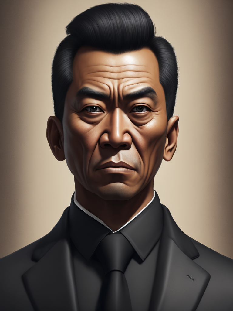 Portrait of a Chinese mafia boss in formal suit, scar on a face