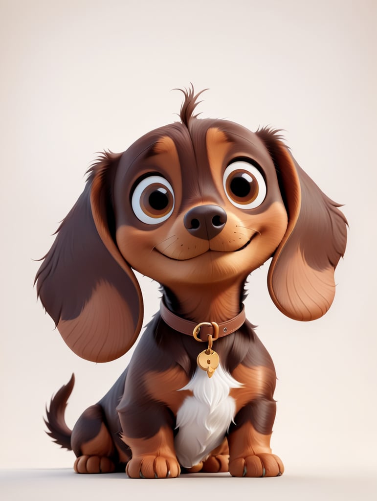 A dark brown dachshund with big brown eyes, floppy ears, and white chest, in the style of a Pixar movie character