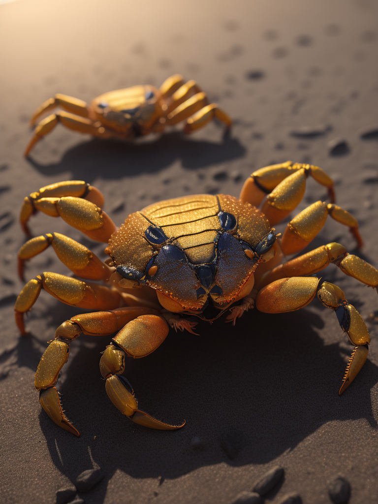 A hyper-realistic, high-resolution 16k image capturing a close-up of jeweled crabs, their shells adorned with intricate patterns and vibrant colors. The crabs should be situated on a sandy beach, the grains of sand providing a contrasting texture to the smoothness of their shells. The lighting should be the warm, golden light of a setting sun, casting long shadows and highlighting the jewel-like colors of the crabs. The composition should be a macro shot, focusing on the crabs and showing the world from their perspective.