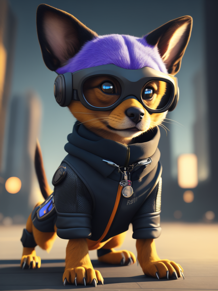 cute stylish catdog dressed in stylish futuristic sportswear clothes, big sneakers and a futuristic glasses