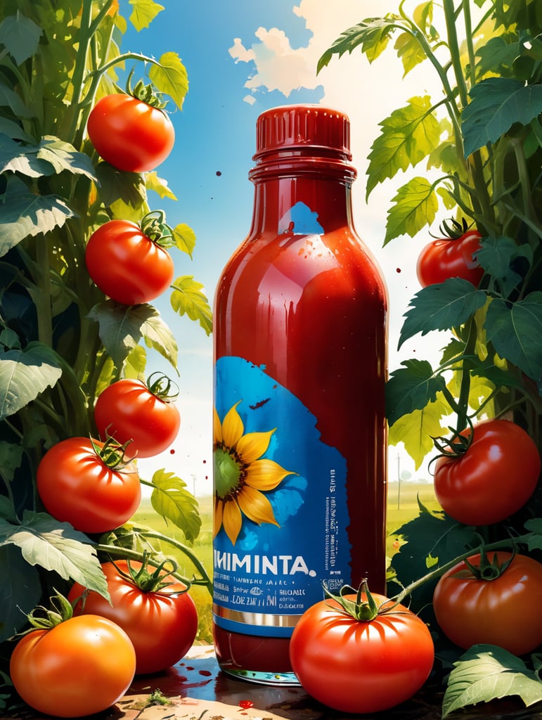 several red tomatoes stacked together forming a ketchup bottle with some leaves around it, beautiful tomato plantation in the background and a blue sky, short grass and yellow flower, creamy light, ambient lighting, beautiful colors