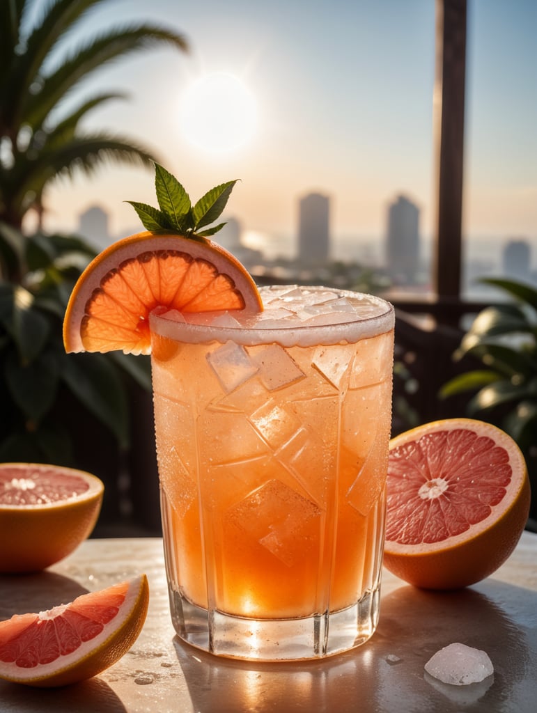 Grapefruit juice cocktail, with ice cubes in the glass and a salt rim, amazing photo, very realistic, elegant and tasty, photography, condensation, f2.8, 50mm lens, intricately detailed, 8k, cinematic production, highly detailed, highly realistic, sunny mexico in the background