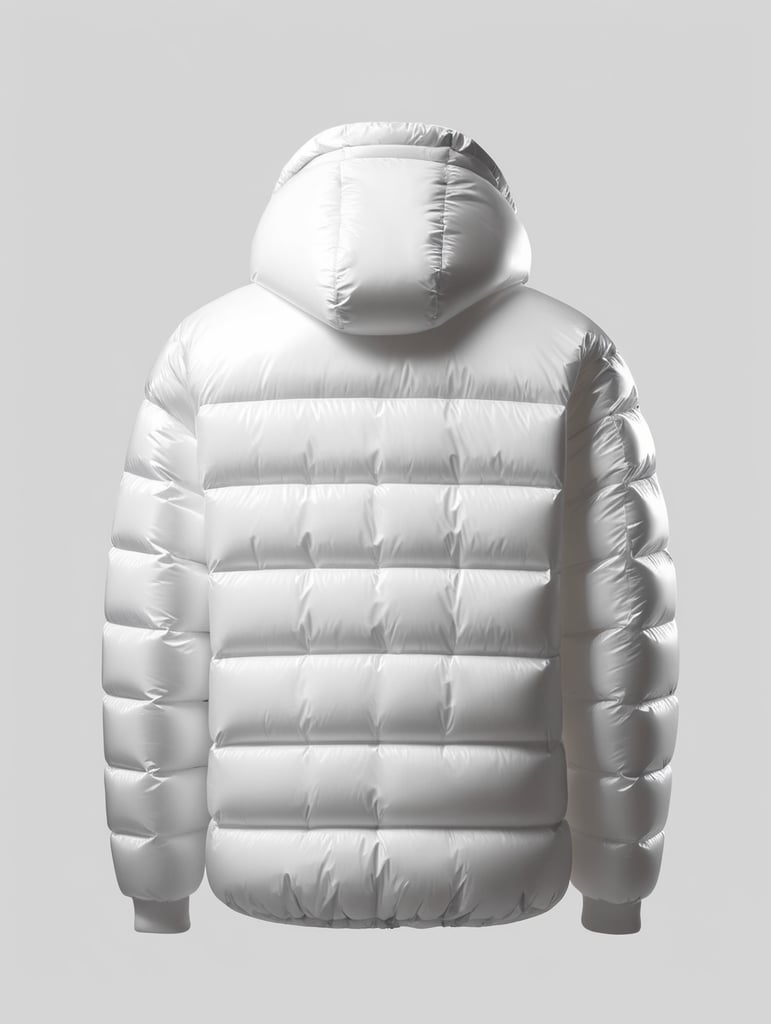 Inflatable white minimalist man's puffer jacket, back view, transparent, isolated, grey background, mockup