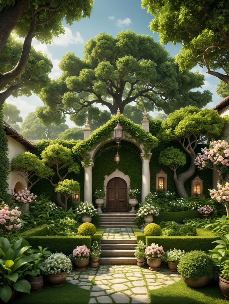 Un'illustrazione stilizzata di un giardino lussureggiante con alberi di limoni e lime, piante di menta e fiori di gelsomino. Nel centro del giardino, Aggiungi dettagli eleganti e sofisticati per suggerire le note di COGNAC, IRISWOOD, CLOVE e VETIVER,Tabacco magari incorporando sfumature di legno e spezie. Nel background, potresti inserire immagini di quercia (per OAK), incenso bruciato e foglie di tabacco. Infine, per rappresentare la profumazione finale di MUSK, puoi inserire un tocco di sensuale eleganza, magari con una sfumatura di rosa pallida.