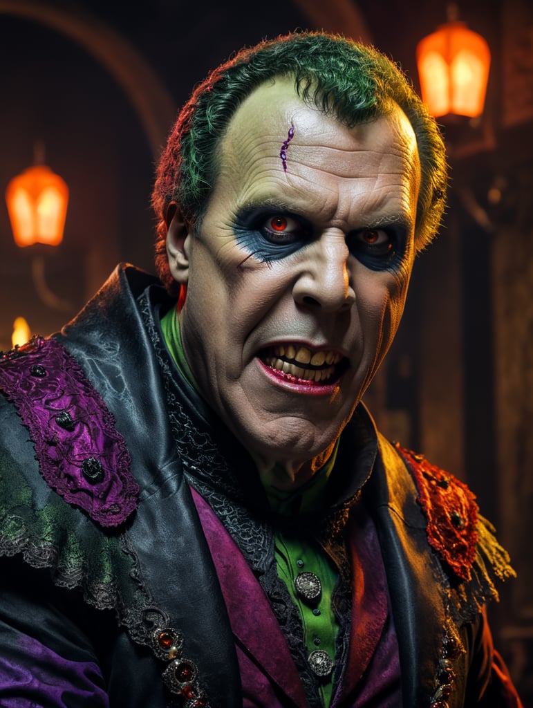 Will Ferrell as a creepy evil Frankenstein character wearing spooky Halloween costume, Vivid saturated colors, Contrast color creepy makeup halloween attire horror inspired in 1024x1360 aspect ratio