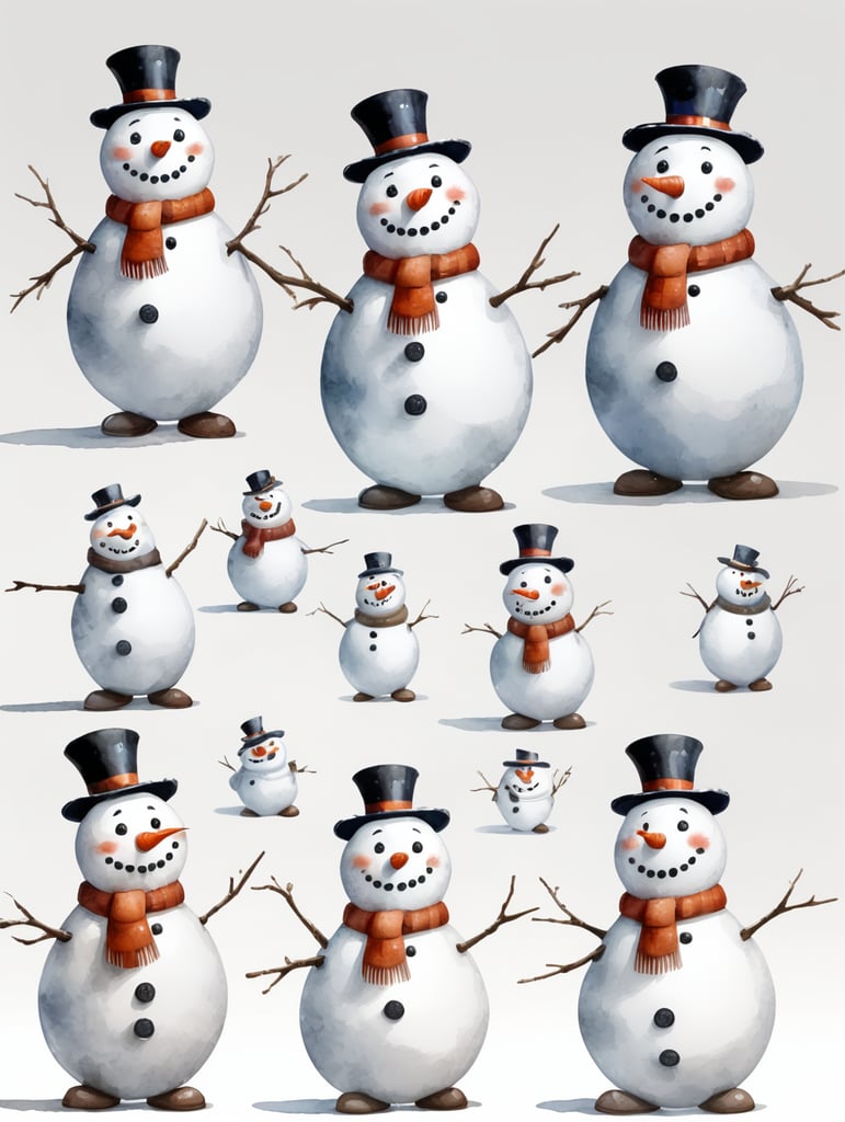 Snowman, different angles and expressions, full body only character sheets, multiple poses, white background, whimsical watercolor