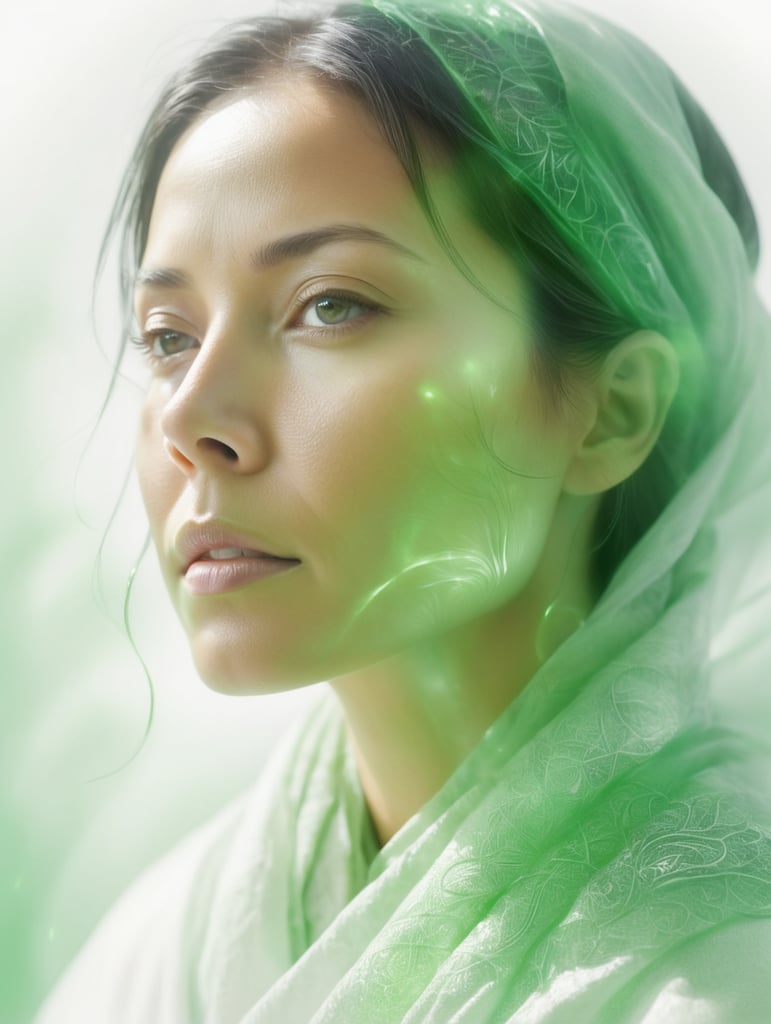 Portrait of a woman experiencing spiritual experience, wrapped green film
