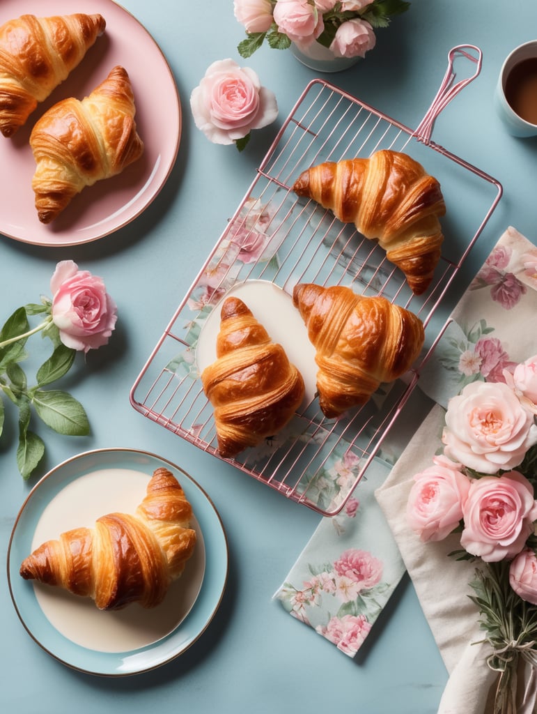 Cookbook photo, top - view, wire cooling rack, croissants, with a floral, allow, banner, pink and pastel blue, farmcore