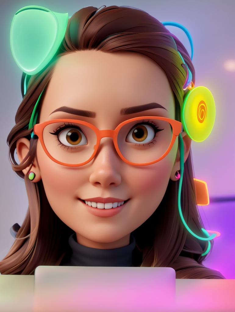 YOUNG WOMAN ENTREPRENEUR TECHNOLOGY E-COMMERCE OFFICE HIPSTER NEON PIXAR EXTREME DETAILED REALISTIC,